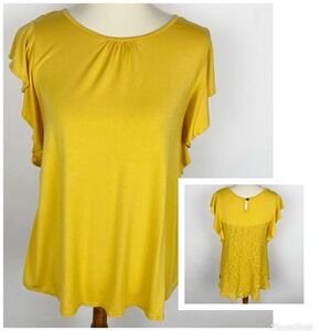Matilda Jane Yellow Gold Flutter Sleeve Floral Lace Back Knit Top Womens Size XS